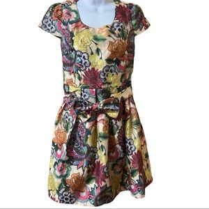 A-line Floral Dress with Bow Waistband and Sheer fabric cover
